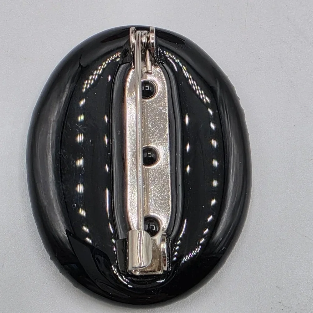 Vintage Bicycle‎ Window Scene Oval Resin Brooch Yellow Teal Whimsical Art Pin